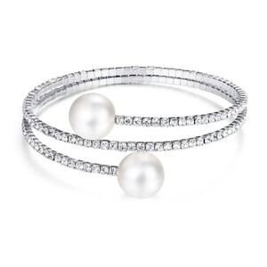 Cara NY Silver Tone Rhinestone Faux Pearl Coil Wrap Bypass Bracelet Womens